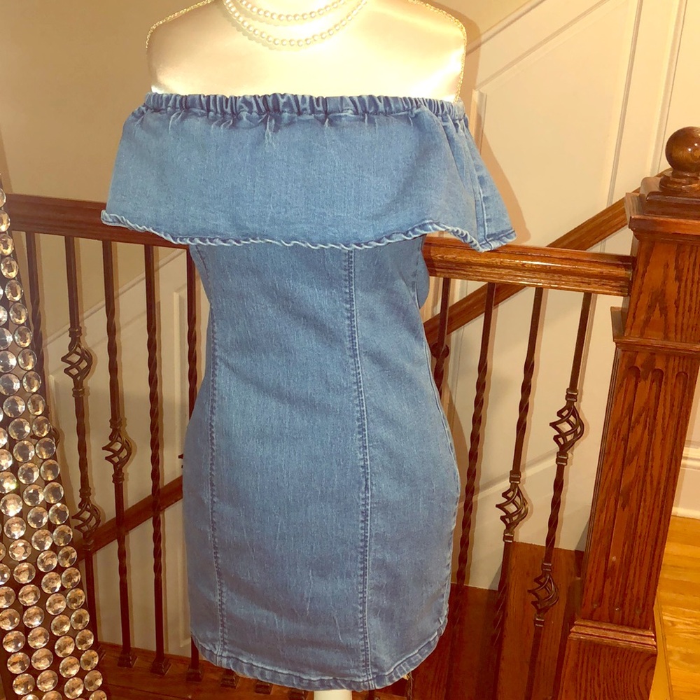 Revolve MPD Denim Ruffle Off Shoulder Dress